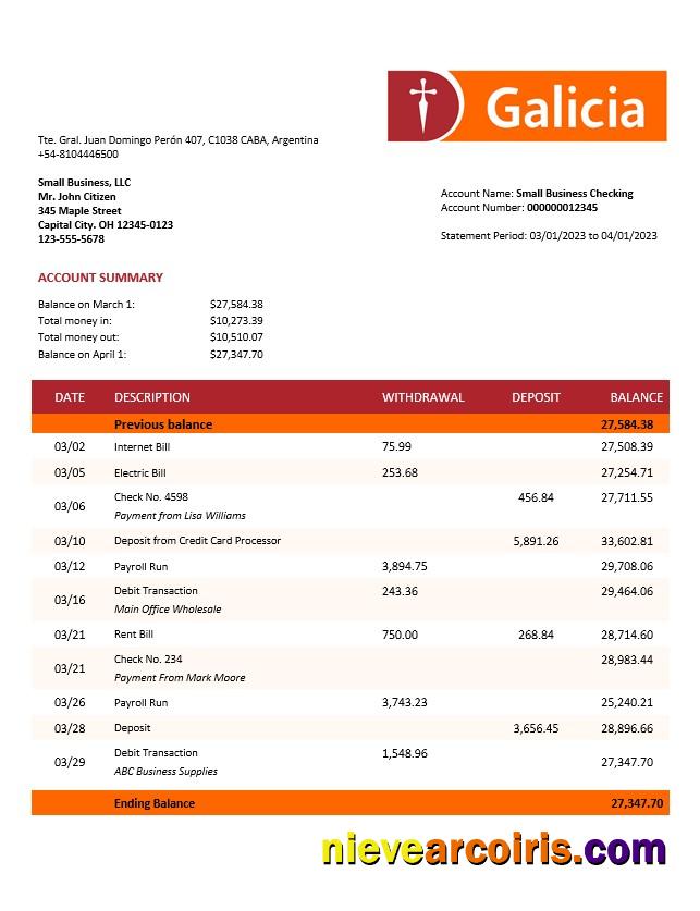 Banco Galicia company account statement